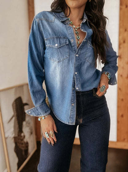 Fall Personality Street Collared Single Breasted Women Long Sleeved Denim Shirt