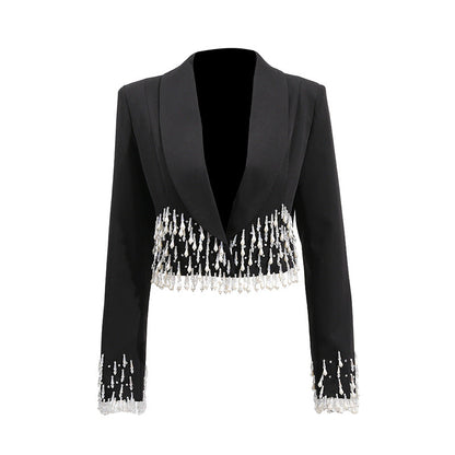 Fashionable Blazer Women Summer Heavy Industry Rhinestone Stitching Design Long Sleeve Short Small Blazers