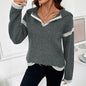 Casual Loose V neck Hooded Sweater Dark Gray Contrast Color Trim Sweater