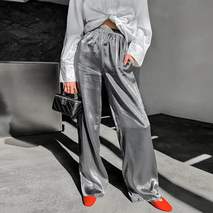 Summer All Matching Yarn Gold Solid Color Mid Waist Elastic Band Trousers Russian Office Casual Pants Women Clothing