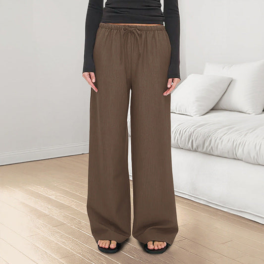 Solid Color Casual Elastic Waist Women Drawstring Straight Leg Trousers Casual Pants