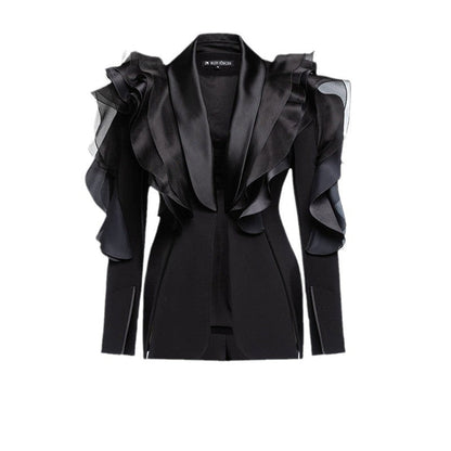 3D Ruffled Asymmetric Blazer - Slim Fit Black
