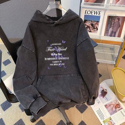 Retro Niche Printed Washed Oversize Thickened Composite round Neck Hooded Sweater Women Fleece Padded Coat