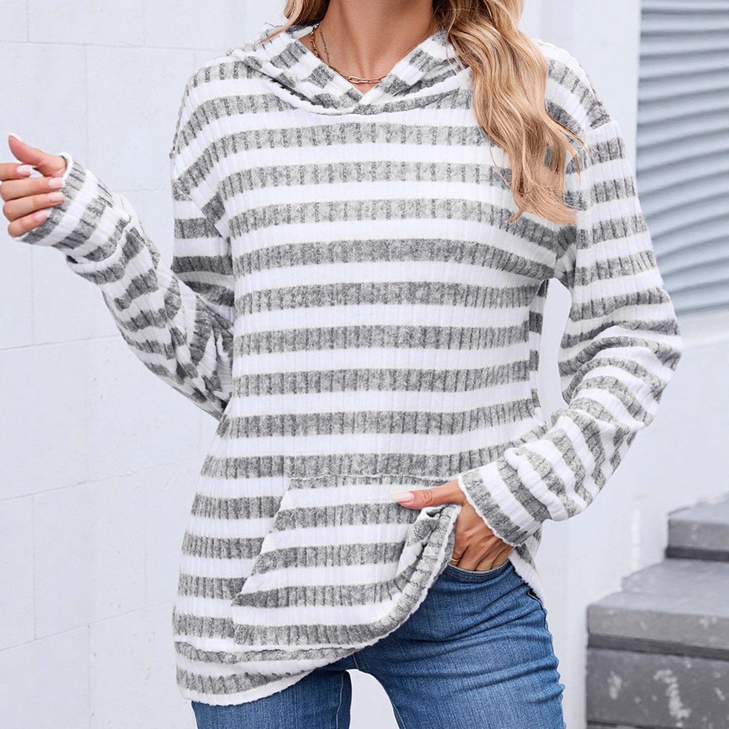 Fall Winter Striped Hooded Top Pocket Loose Long Sleeve Sweatershirt Women