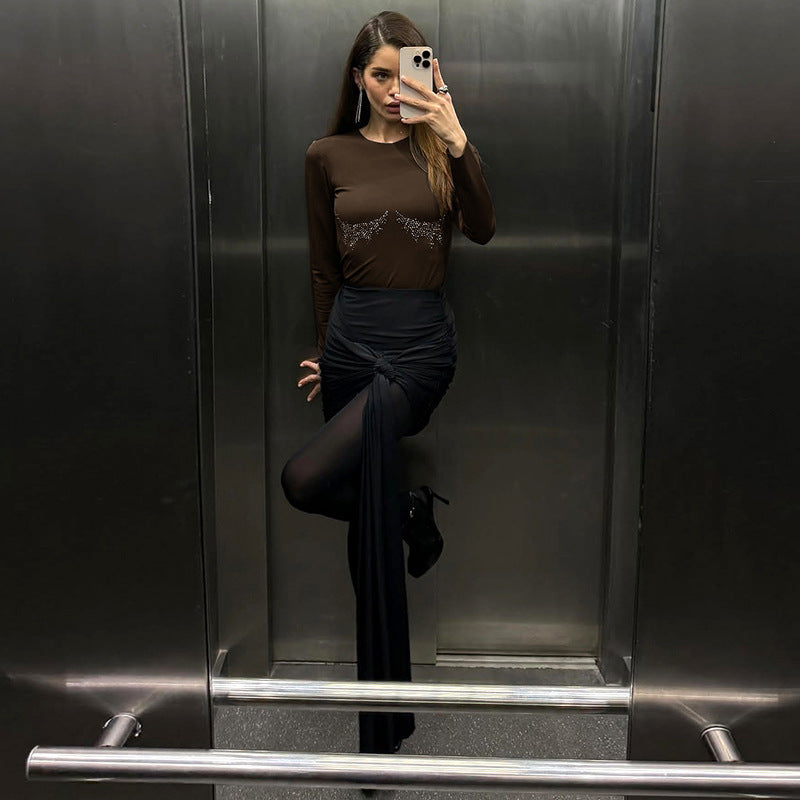 Women Clothing Summer Sexy Slim Fit Solid Color Rhinestone Long Sleeved Top