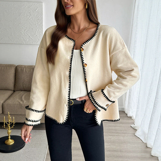 Autumn Winter Casual Stitch Color Contrasting Stripe Cardigan Ladies Loose Polar Fleece Crew Neck Coat
