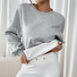 Autumn Winter Casual Top Mid Length Loose round Neck with Fleece Lining Light Gray Sweater Women