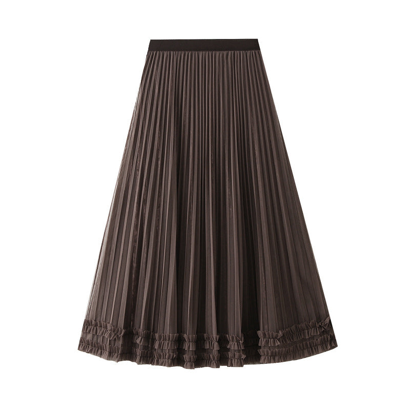Two Way Wear Mesh Skirt Women Autumn Winter Elastic High Waist Mid-Length A line Pleated Skirt