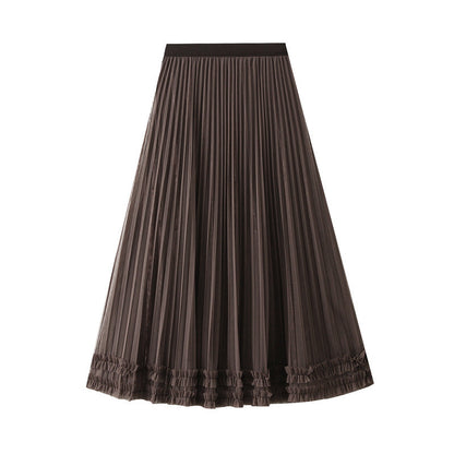 Two Way Wear Mesh Skirt Women Autumn Winter Elastic High Waist Mid-Length A line Pleated Skirt