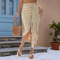 Summer Vacation Sexy Hip Skirt Irregular Asymmetric Contrast Color Tassel Pleated High Waist Midi Skirt