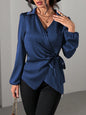 Women Autumn Winter Long Sleeved Satin Shirt Lace up Cinched Blouse Top