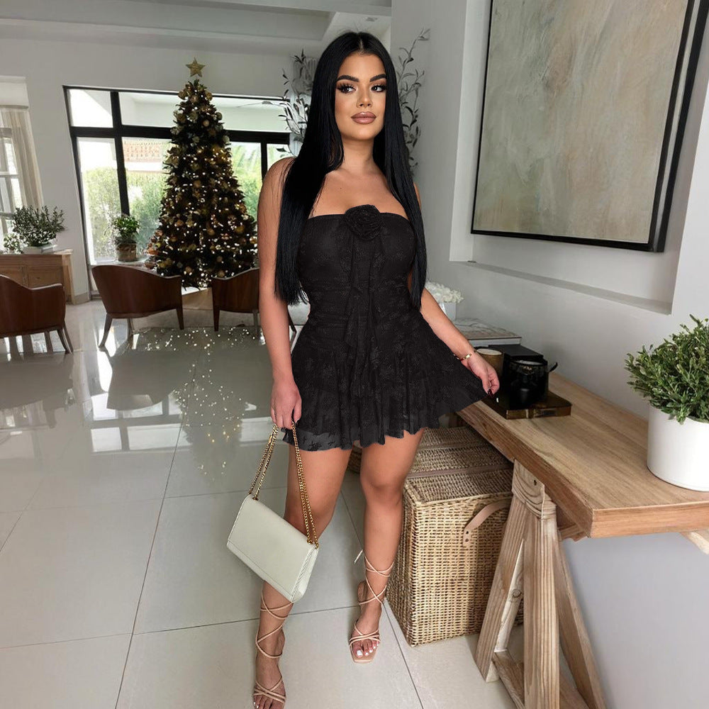 Woomen Tube Top Lace Romper Solid Color