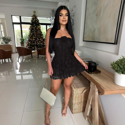 Woomen Tube Top Lace Romper Solid Color