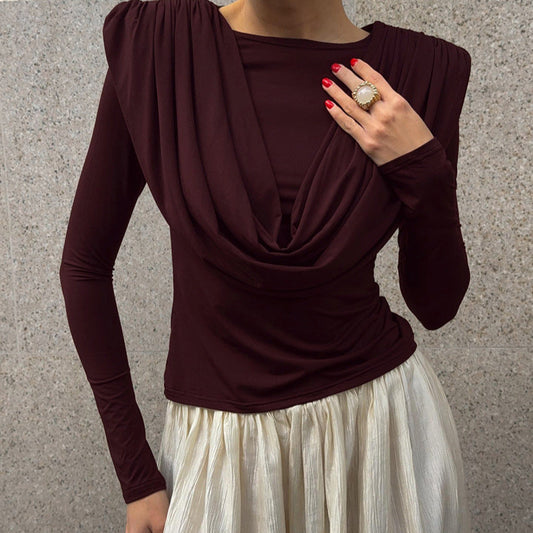 Pleated Waist Tight Swing Collar Long Sleeved T shirt Women Autumn Winter Beautiful Bottoming Top