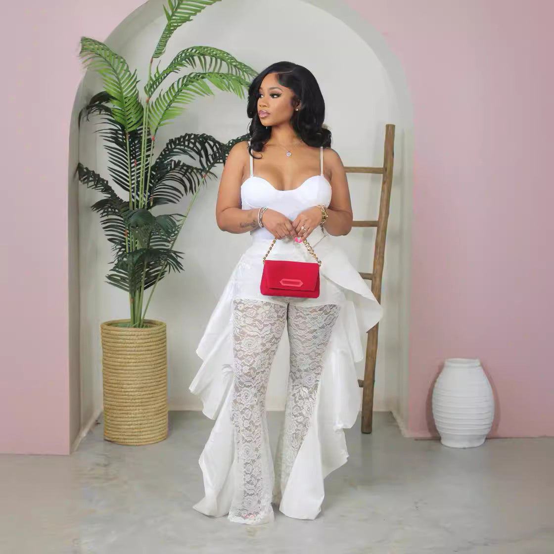 Women Clothing Lace Pants Ruffled Sexy See through Trousers