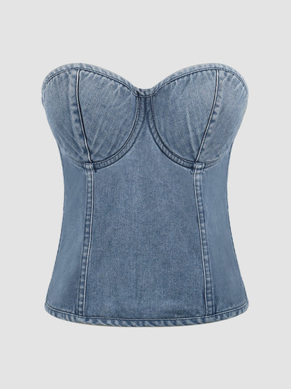 Spicy Girl Retro Denim Tube Top Women Sweet Cool off Shoulder Cropped Top