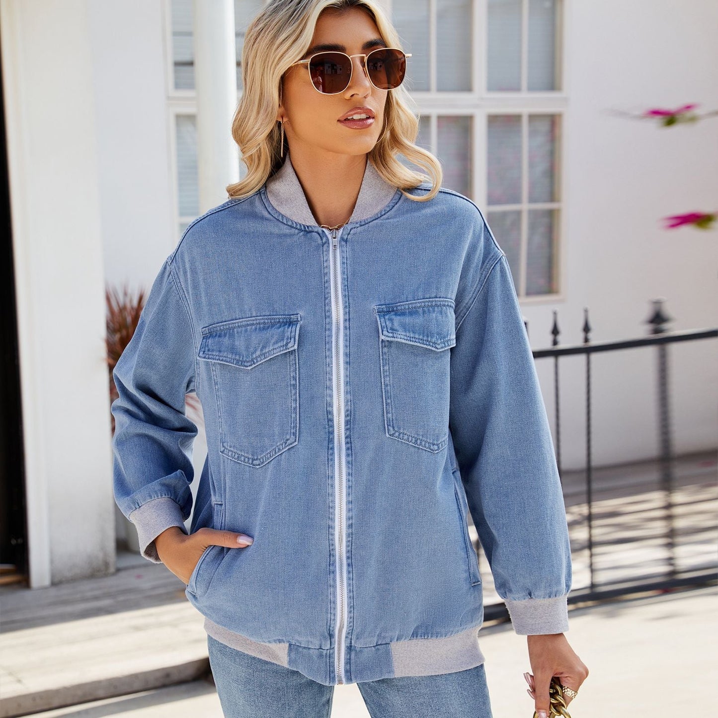 Women Clothing Washed Varsity Jacket Zipper Denim Coat Jacket Tide