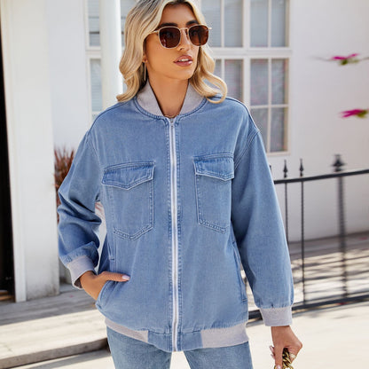 Women Clothing Washed Varsity Jacket Zipper Denim Coat Jacket Tide