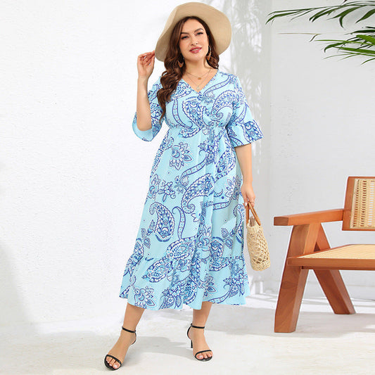 Dress Paisley Bell Sleeve Seaside Holiday Beach Dress Long Dress