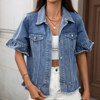 Washed Sexy Tassel Hem Short Sleeve Denim Coat