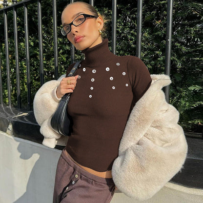 Women Clothing Autumn Personality Slim Fit Shell Button Long Sleeved Top