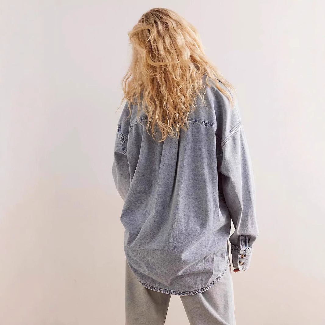 Women Loose Retro Casual Laid Back Denim Shirt