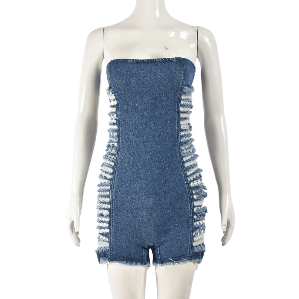 Sexy Cutout Hole Zipper Corset Stretch Denim Wash Jumpsuit