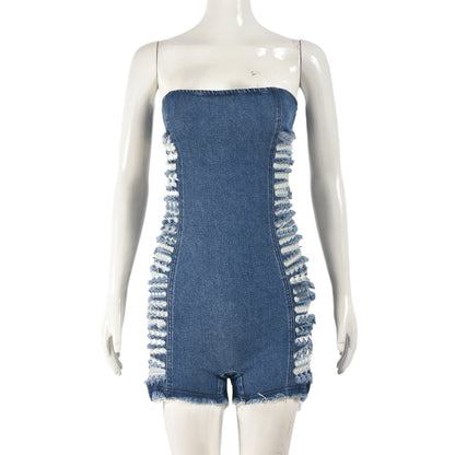 Sexy Cutout Hole Zipper Corset Stretch Denim Wash Jumpsuit