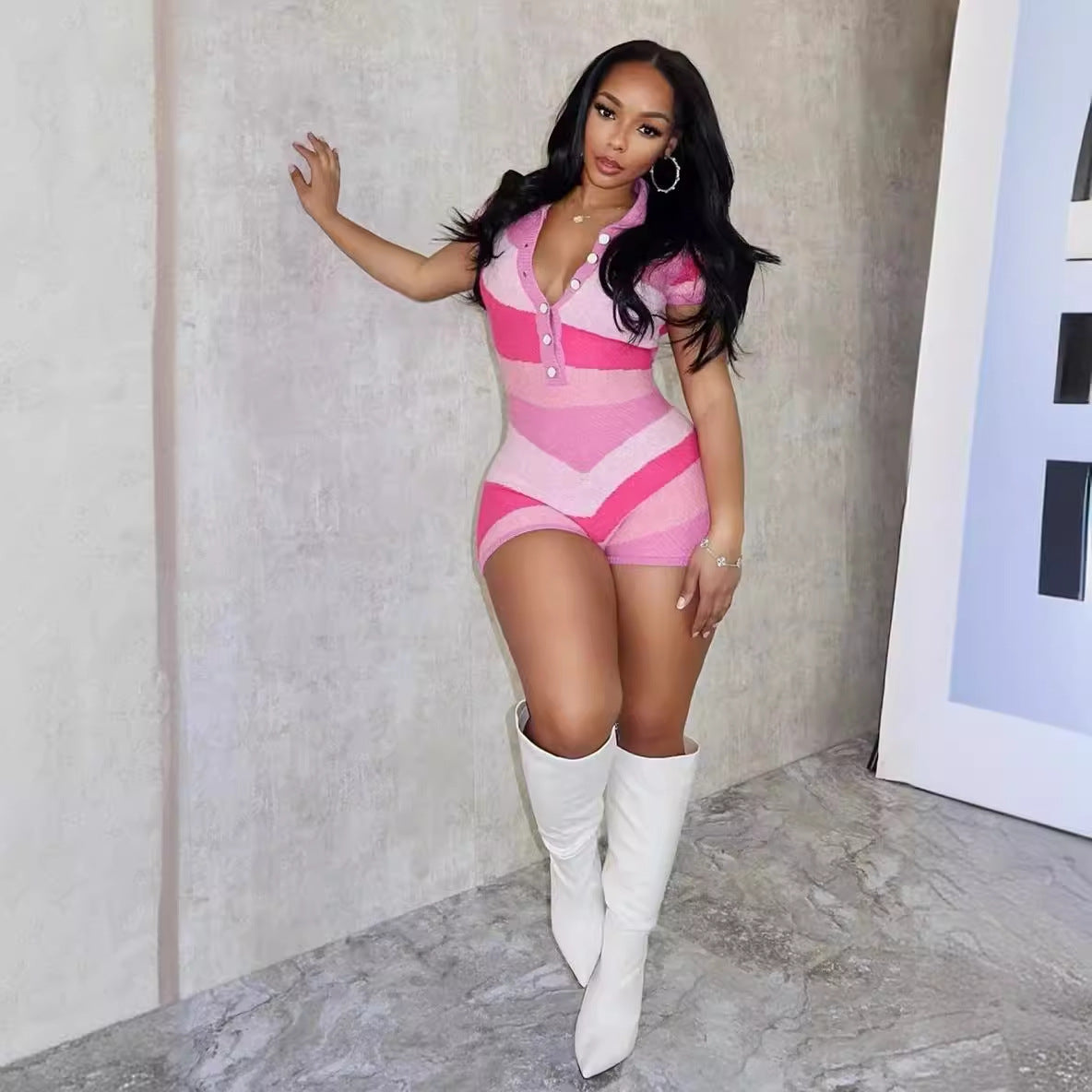 Women Short Sleeve Collared Casual Knitted Jumpsuit Color Contrast Sexy Tight Romper