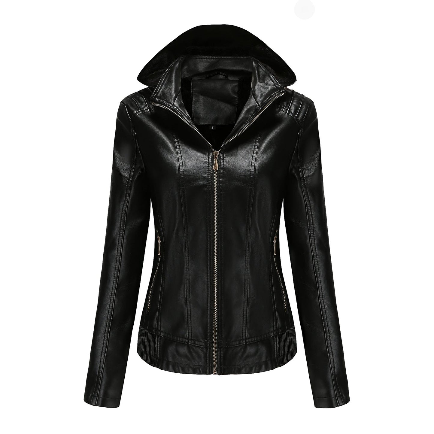 Fall Winter Hooded Leather Coat Women's Detachable Hat Long Sleeve Zipper Fleece-Lined Leather Jacket Slim Coat