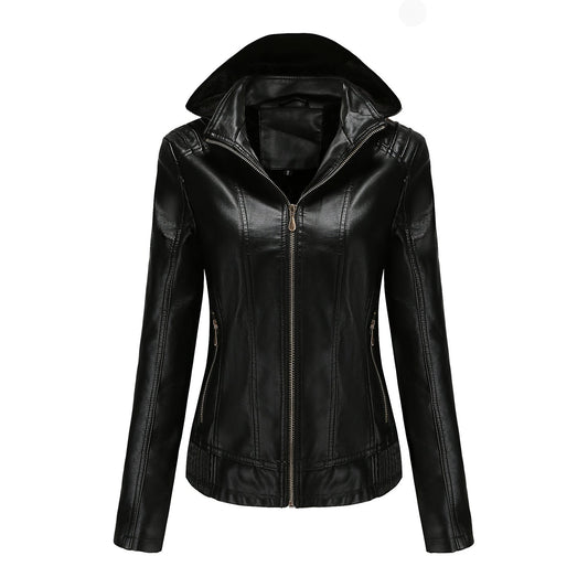 Fall Winter Hooded Leather Coat Women's Detachable Hat Long Sleeve Zipper Fleece-Lined Leather Jacket Slim Coat