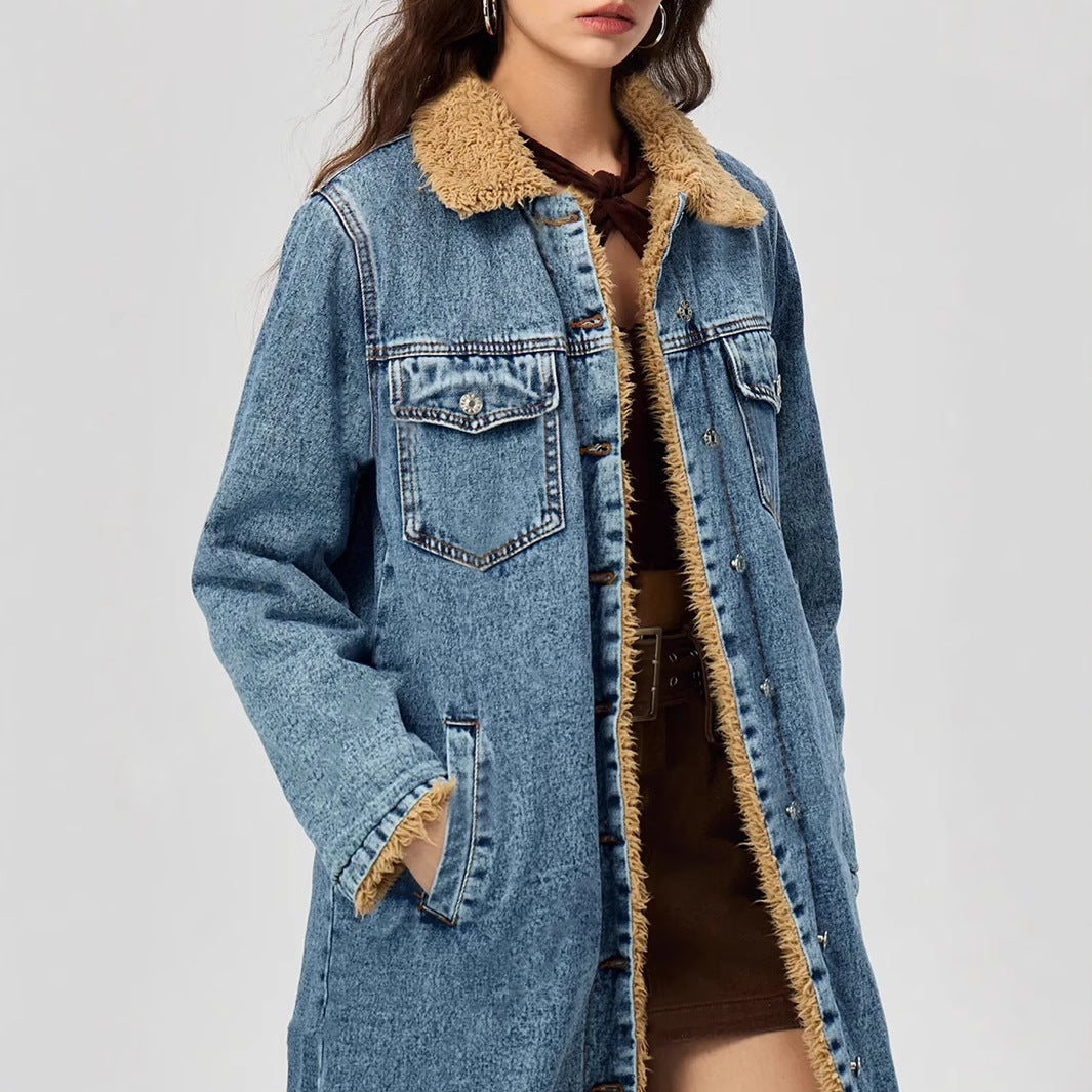 Women's Long Cotton Padded Denim Coat - Velvet Lined