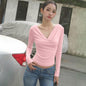 Women Clothing Summer Slim Deep V Plunge Niche Sexy Bottoming Long Sleeve T shirt