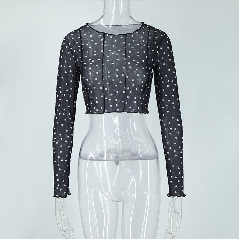 Women Clothing Summer round Neck Long Sleeves Cropped Polka Dot Print See-through Mesh Tops Women Hair