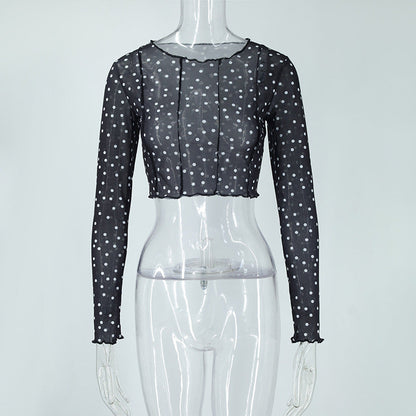Women Clothing Summer round Neck Long Sleeves Cropped Polka Dot Print See-through Mesh Tops Women Hair