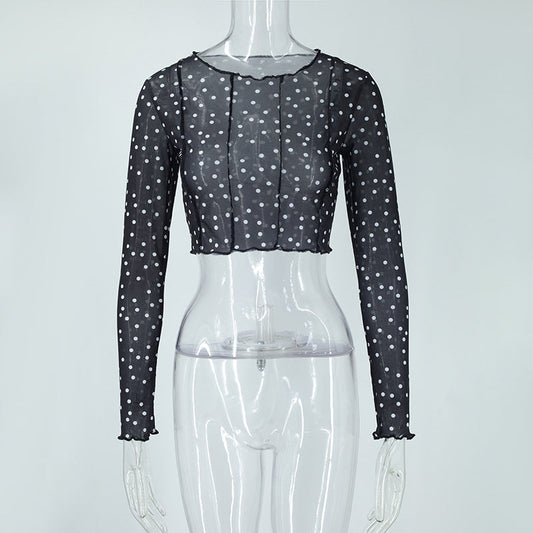 Women Clothing Summer round Neck Long Sleeves Cropped Polka Dot Print See-through Mesh Tops Women Hair