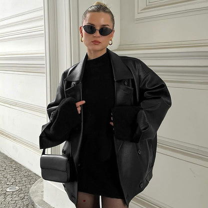 Retro Elegant Collar Loose Leather Coat Autumn Winter Leather Coat Women