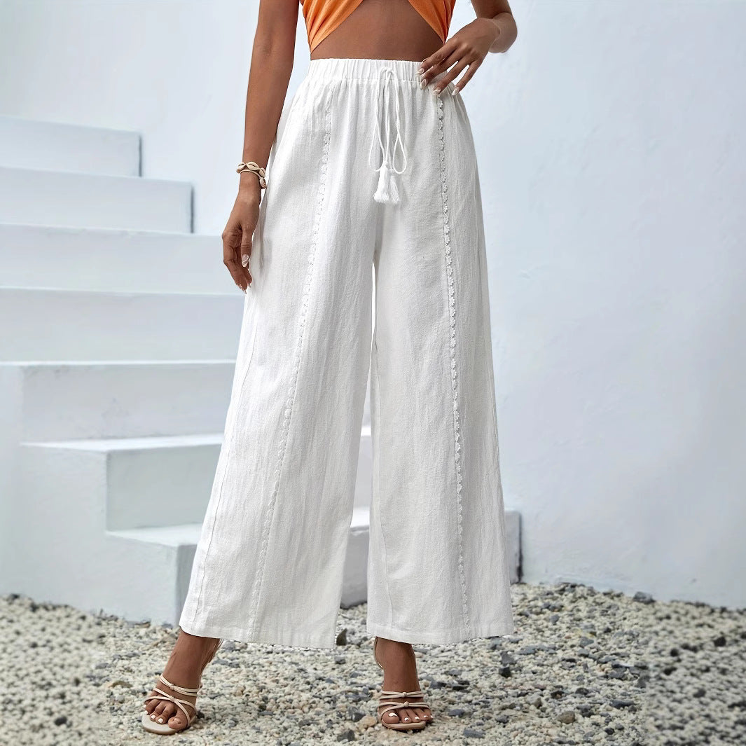 Spring Summer plus Size Women Loose Casual Tassel Wide Leg Pants Hollow Out Cutout out White Trousers