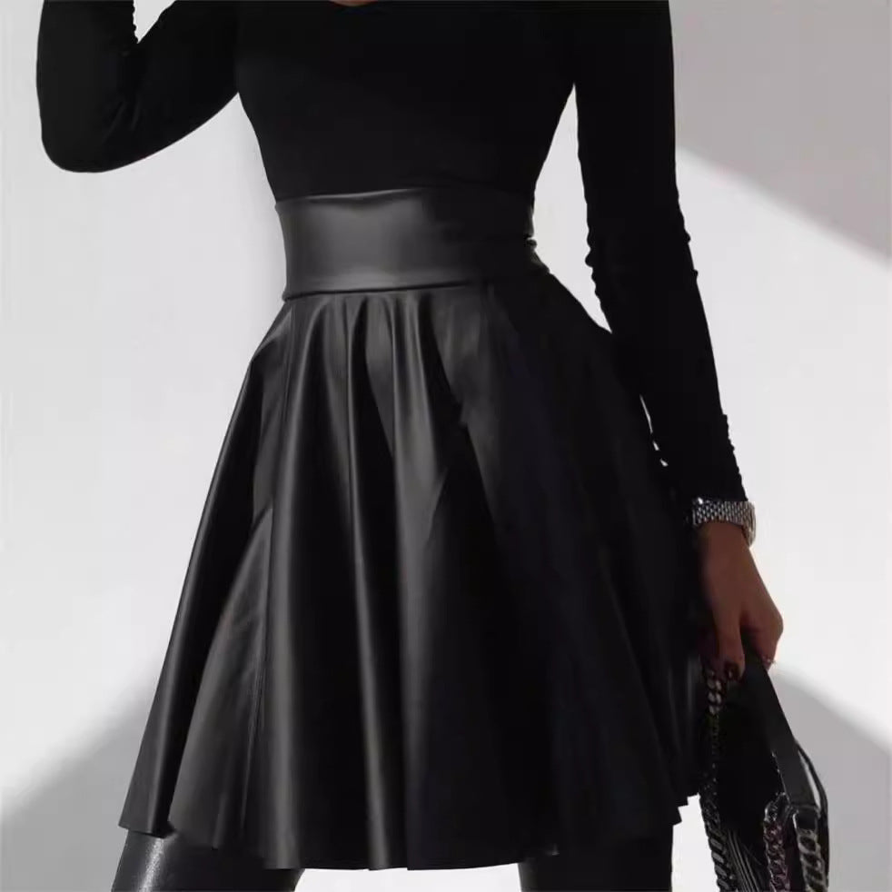 Leather Jacket Women Clothing Autumn Winter High Waist Big Swing Faux Leather Skirt Umbrella Skirt