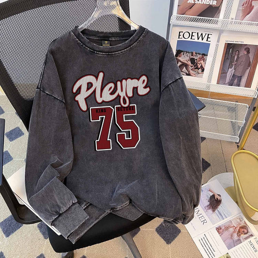 Pure Cotton Cotton Composite Wash Vintage Long T Shirt Special Interest Design Washed Distressed Waxed round Neck Sweater