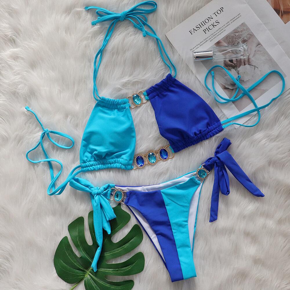 Baizi Crystal Diamond Bikini Sexy Patchwork Strap Women Split Swimsuit