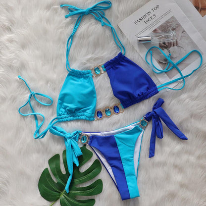 Baizi Crystal Diamond Bikini Sexy Patchwork Strap Women Split Swimsuit