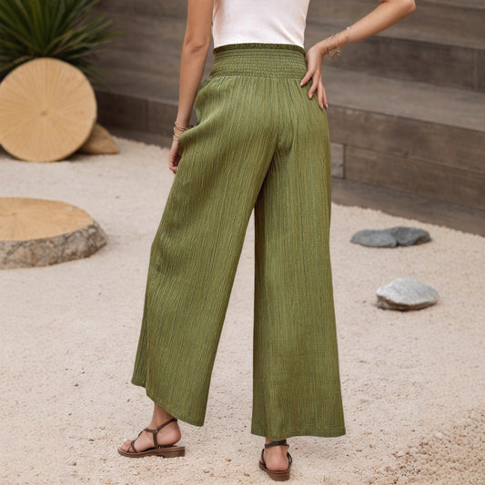 Summer High Waist Casual Three Dimensional Line Pleated Design Elastic Waist Loose Wide Leg Pants