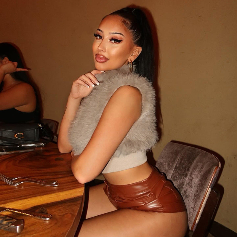 Women Clothing Autumn Winter Solid Color Sleeveless Plush Cardigan Zipper Vest Bare Cropped Slim Fit Top