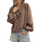 Solid Color Half Open Collar Stitching Lace Loose Stylish Long Sleeves Sweater