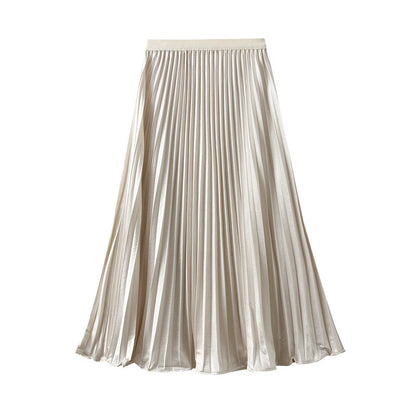 Thin Glittering Pearlescent Pleated Puffy Skirt for Women Autumn Elegant Drape Organ Pleated