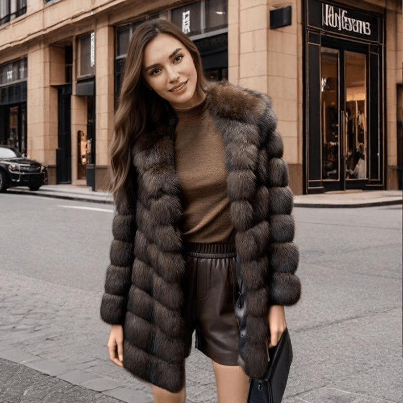 Women Artificial Mink Hair Fur Coat Mid Length Hooded Coat Fur Casual Warm Loose Office