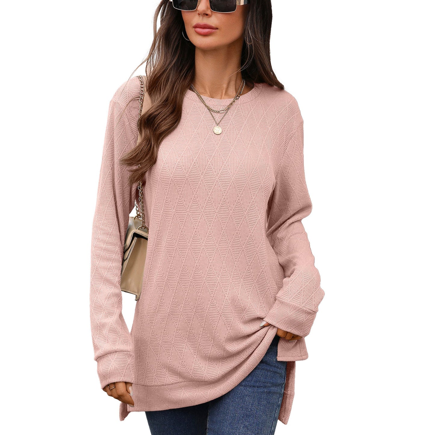 Autumn Winter round Neck Geometric Abstract Jacquard Loose Fitting Long Sleeved T shirt Top Women