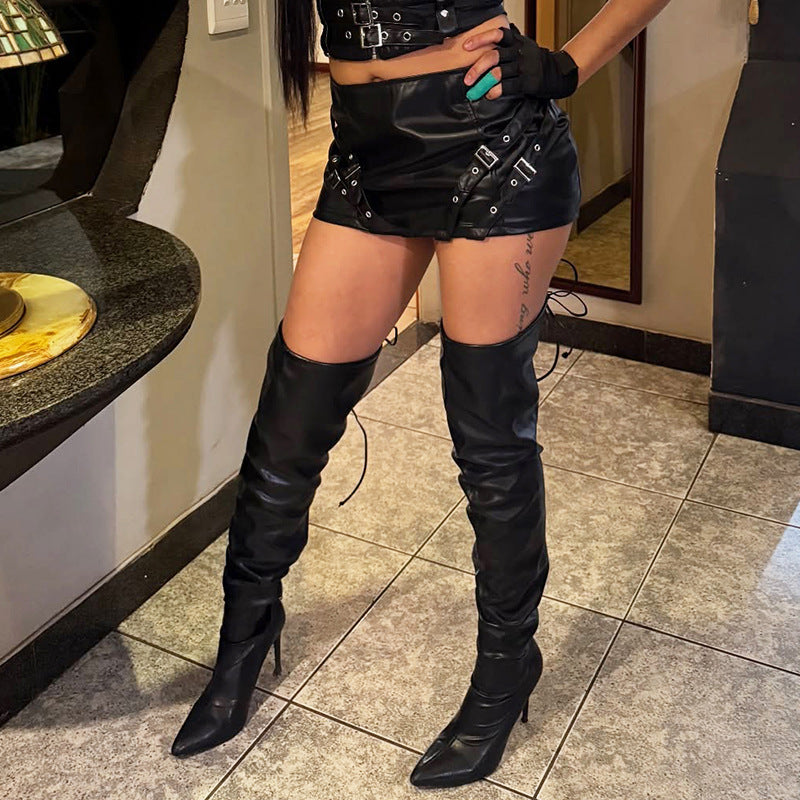 Dark Sexy Japanese Metal Buckle Low Waist Skirt All Match Tight Leather Skirt