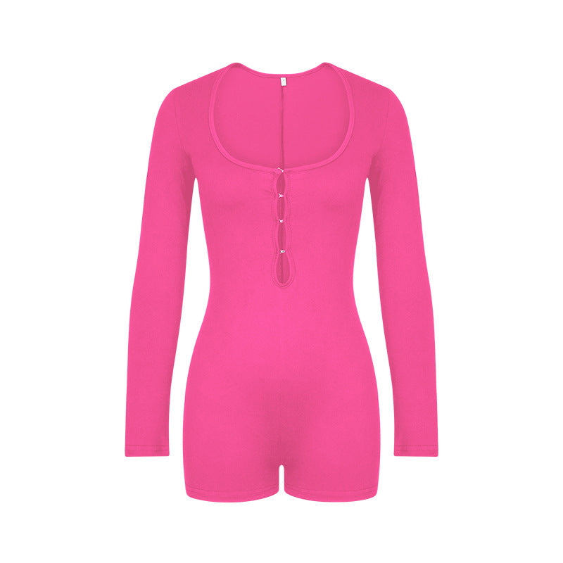 Jumpsuit Solid Color Basic Hollow Out Cutout Slim Long Sleeve Jumpsuit Women